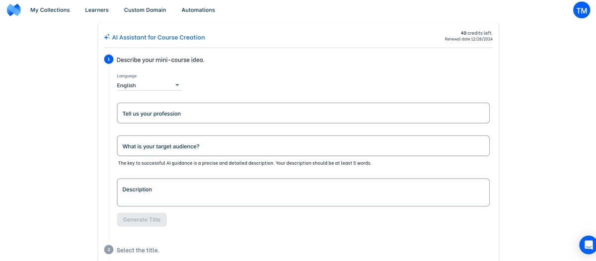 AI assistant form for course creation, guiding users to input details about their mini-course idea